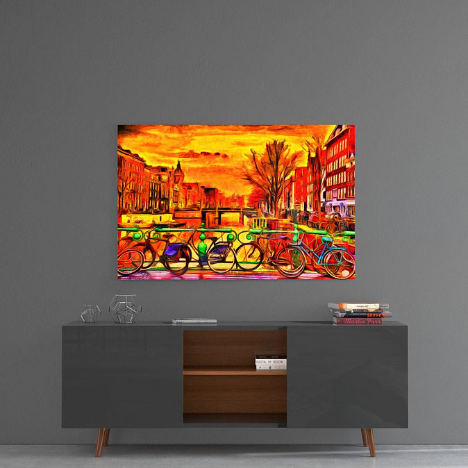 Bicycle and City UV Digital Painted Frameless Glass Wall Art or Decor - Art Gallery EU - 1