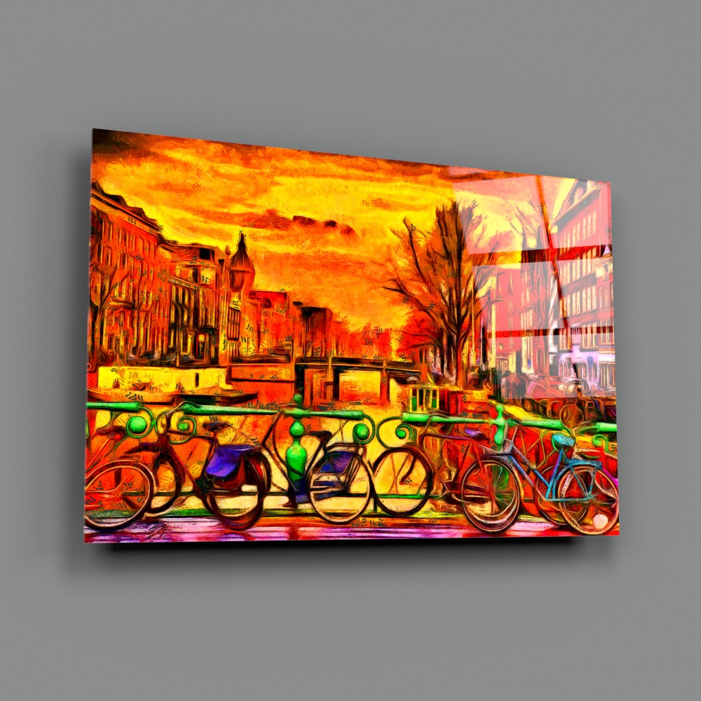 Bicycle and City UV Digital Painted Frameless Glass Wall Art or Decor - Art Gallery EU - 2